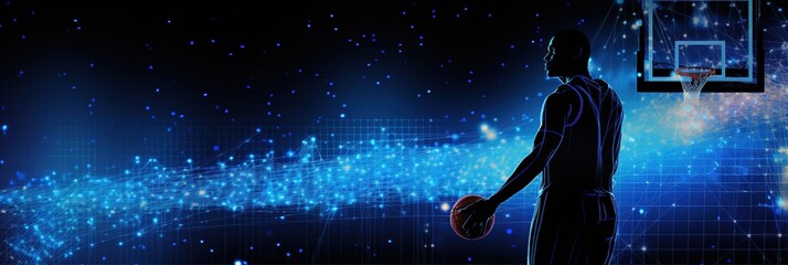 glowing blue rays, lines , banner African-american young basketball player with basketball ball over dark background, sport, movement, energy and dynamic, healthy lifestyle, coopyspace.