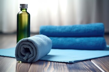 gym bottle and a towel on a blue yoga mat - obrazy, fototapety, plakaty