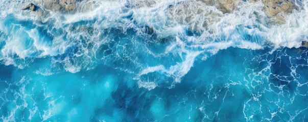 Fototapeta premium Sea waves or ocean surface from aerial view. Blue water with foam, copy space for text.