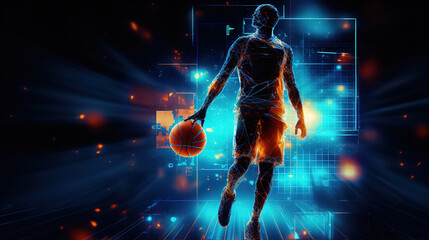 glowing blue rays, lines , banner African-american young basketball player with basketball ball over dark background, sport, movement, energy and dynamic, healthy lifestyle, coopyspace. - obrazy, fototapety, plakaty