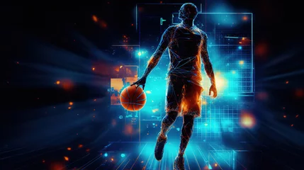 Fotobehang glowing blue rays, lines , banner African-american young basketball player with basketball ball over dark background, sport, movement, energy and dynamic, healthy lifestyle, coopyspace. © Jim1786