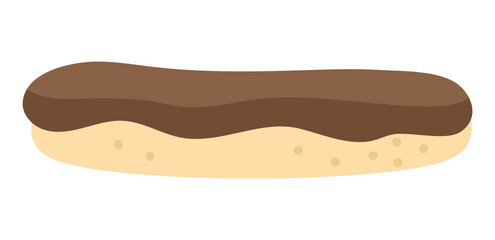 Eclair with chocolate icing top icon. French dessert vector illustration. Cake picture isolated on white background.
