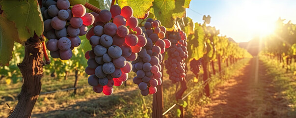 Vine grapes on vineyard in sunset light. - obrazy, fototapety, plakaty