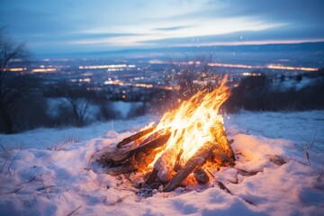 Fototapeta premium a bonfire burning brightly on a snowy hill