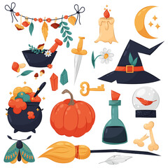 Witch set. Big set of vector illustrations of magical items on a white background in a flat style. Cartoon items for witchcraft.
