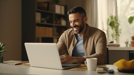 Happy man doing online shopping on laptop paying with credit card while sitting in home office - obrazy, fototapety, plakaty