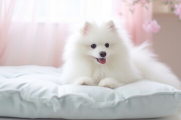 a fluffy cushion on a furry white pet bed