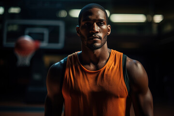 Portrait African-american young basketball player over dark background, sport, movement, energy and dynamic, healthy lifestyle