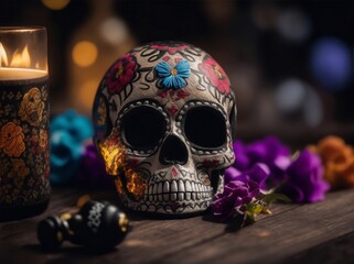 Day of the Dead celebration sugar skull on a dark background with flowers and vibrant colors, copy space, generative AI