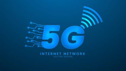 5G internet network. Communication networks and High speed telecommunication. Vector illustration with light effect and neon