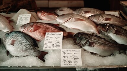 Fresh fish on ice for sale at a New England fish market for advertising AI generative