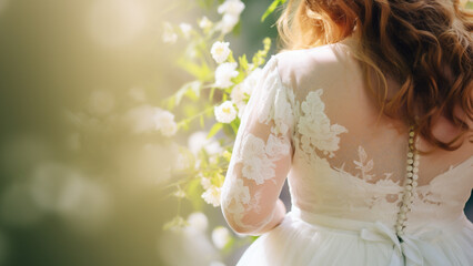 Wedding photography outdoor. Portrait of bride in white wedding dress, taken from behind, showing details of back piece with lace.  AI generative.
