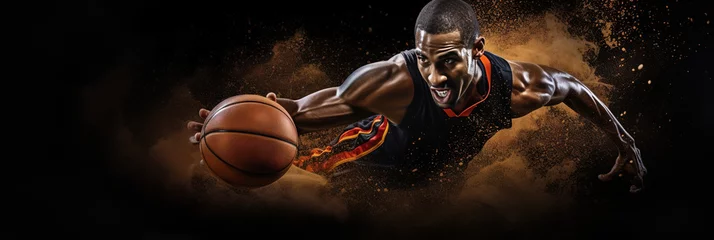 Foto auf Acrylglas African-american young basketball player in action and motion in flashlights over black background, sport, movement, energy and dynamic, healthy lifestyle, copyspace. © Jim1786