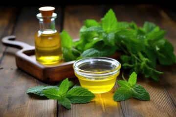 lemon balm leaves on a wooden table with oil extract beside - obrazy, fototapety, plakaty