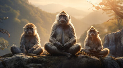 Monkeys doing yoga pose in orange and white coats in nature and in wooden buildings - obrazy, fototapety, plakaty