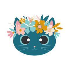 Blooming cat. Spring flowers on the head of a fancy cat with huge eyes isolated on a white background. Vector.
