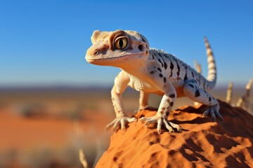 defensive posture of a gecko against desert background - obrazy, fototapety, plakaty