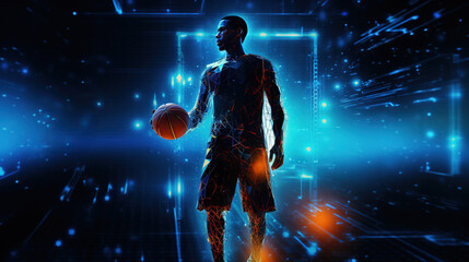 glowing blue rays, lines , banner African-american young basketball player with basketball ball over dark background, sport, movement, energy and dynamic, healthy lifestyle, coopyspace.
