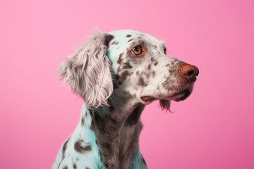 tilted head of a dog against a pastel background