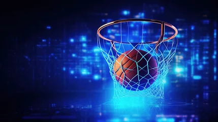 Fotobehang glowing blue rays, lines , banner basketball ball and hoop over dark background, sport, movement, energy and dynamic, healthy lifestyle, coopyspace. © Jim1786