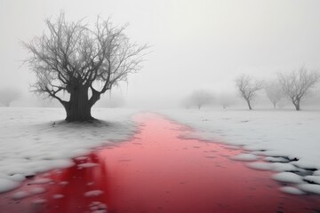 lake of blood, river of blood, blood on the snow. winter vast battlefield landscape. hell concept. post apocalyptic.  - obrazy, fototapety, plakaty