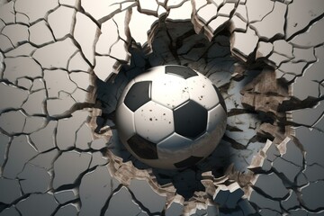 Illustration: soccer ball through cracked wall with abstract background. 3D rendering. Generative AI