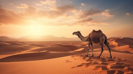desert and sand ship brown camel in the Sahara safari wild animals - obrazy, fototapety, plakaty