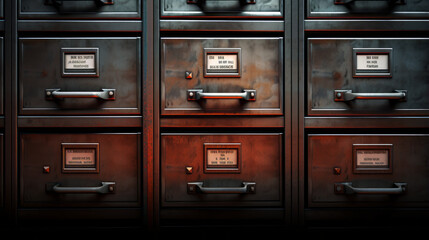 A metal filing cabinet with drawers full of documents - obrazy, fototapety, plakaty