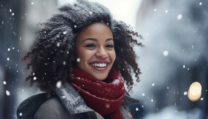 Portrait of black african woman with snowflakes on background