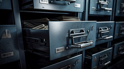 A metal filing cabinet with drawers full of documents