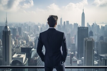 Fototapeta na wymiar Rear view of a businessman in a tailored suit, standing tall and gazing across a vibrant urban skyline. The scene captures the essence of ambition, vision, and the pulse of city life.