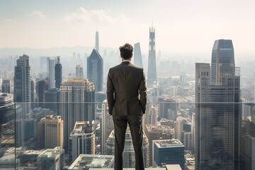 Fototapeta premium Rear view of a businessman in a tailored suit, standing tall and gazing across a vibrant urban skyline. The scene captures the essence of ambition, vision, and the pulse of city life.