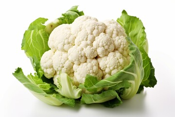 A pristine white background highlights a fresh, isolated cauliflower head, naturally delicious