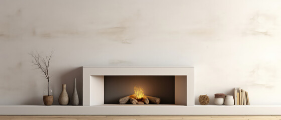 White minimal apartment, room with fireplace. Scandinavian design.Holidays mockup with copyspace. Generative ai