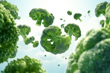 A surreal scene as fresh green broccoli hovers magically on a pure white surface