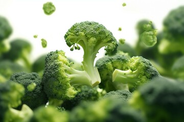 A surreal scene as fresh green broccoli hovers magically on a pure white surface