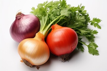 Assorted onions, including whole and sliced, set against a white background