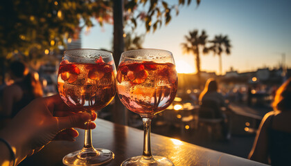 a man and a woman sit and drink a srink together they have a good time they toast and then take a walk created by ai