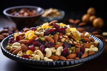 handful of mixed nuts and dried fruit on a dish - obrazy, fototapety, plakaty