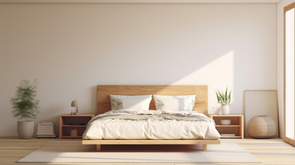 Fototapeta na wymiar A minimalist bedroom with a platform bed, a low bench, and a large floor-to-ceiling window