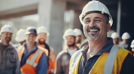 Happy of team construction worker working at construction site. Man smiling with workers in white construction industry. - obrazy, fototapety, plakaty