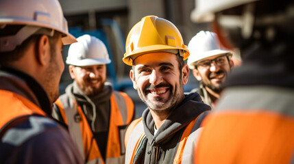 Happy of team construction worker working at construction site. Man smiling with workers in white construction industry. - obrazy, fototapety, plakaty