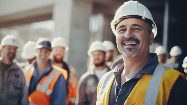 Happy of team construction worker working at construction site. Man smiling with workers in white construction industry.