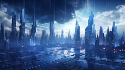 Obraz premium Futuristic Cybernetic Cityscape, Particle Swirls and Glowing Skyscrapers