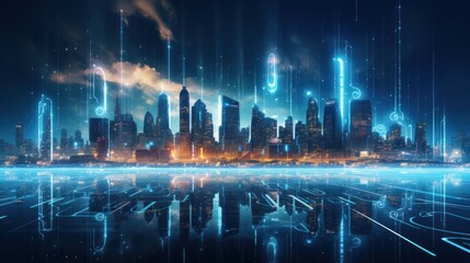 Futuristic Cybernetic Cityscape, Particle Swirls and Glowing Skyscrapers
