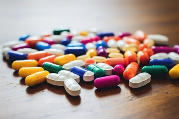 an array of colorful medicine capsules scattered on a table
