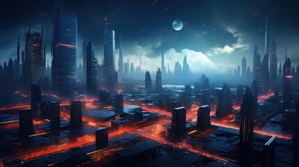 Futuristic Cybernetic Cityscape, Particle Swirls and Glowing Skyscrapers