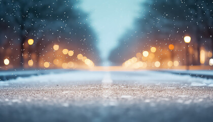 Washed-out road with snow and lights