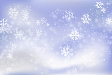 Magical flying snow flakes background. Snowfall dust frozen granules. Snowfall weather white blue composition. Shimmering snowflakes december theme. Snow cold season scenery.