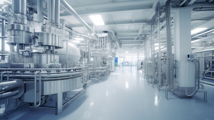 A modern dairy processing plant, with machinery for pasteurizing and packaging milk